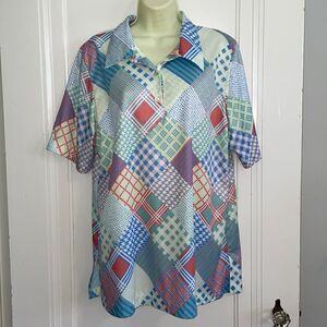 Vtg 80s Vera multi color patchwork print short sleeve knit polyester blouse‎